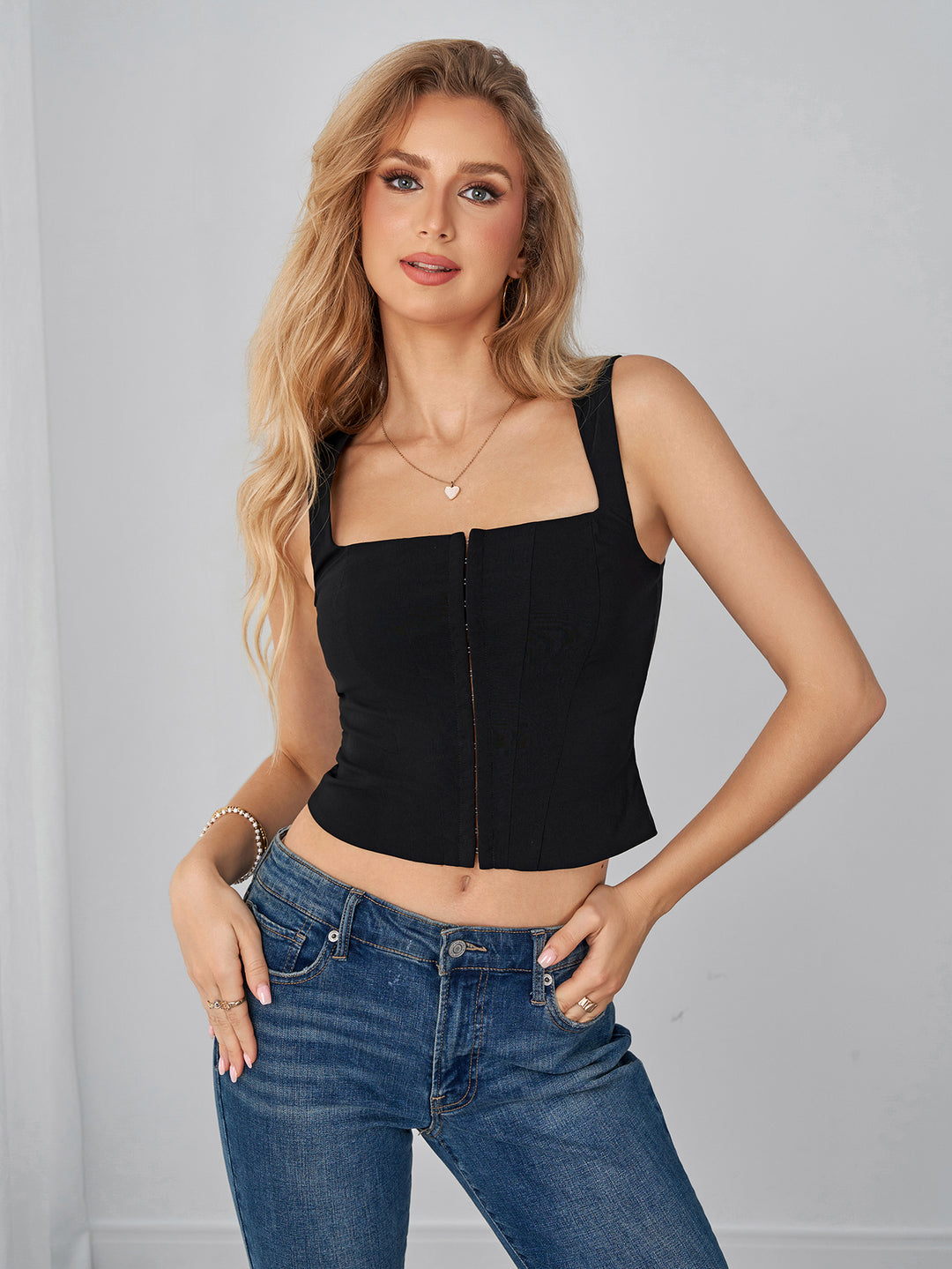 Square Neck Hook And Eye Front Solid Crop Top