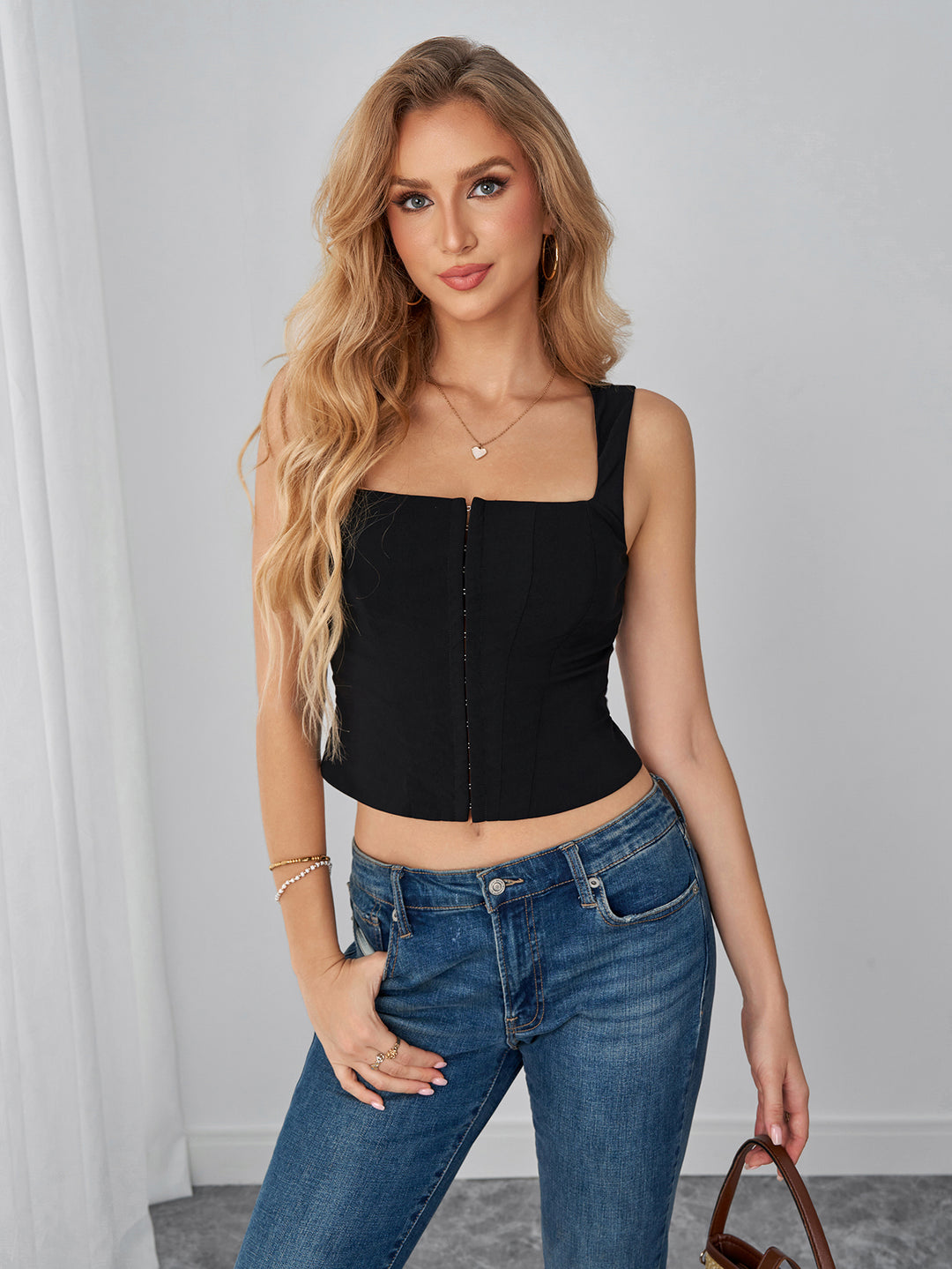 Hook And Eye Front Solid Square Neck Crop Top