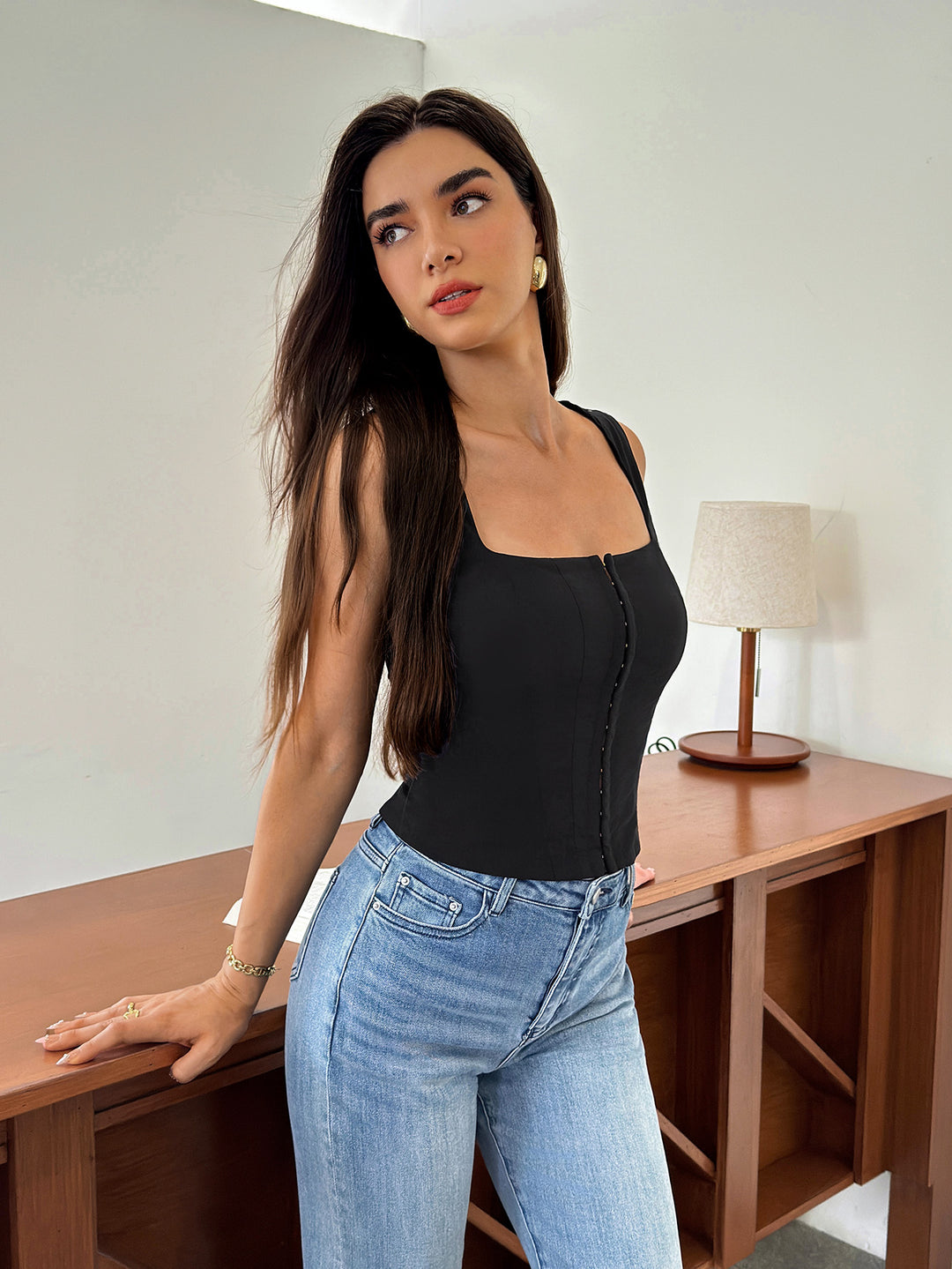 Hook And Eye Front Square Neck Solid Crop Top