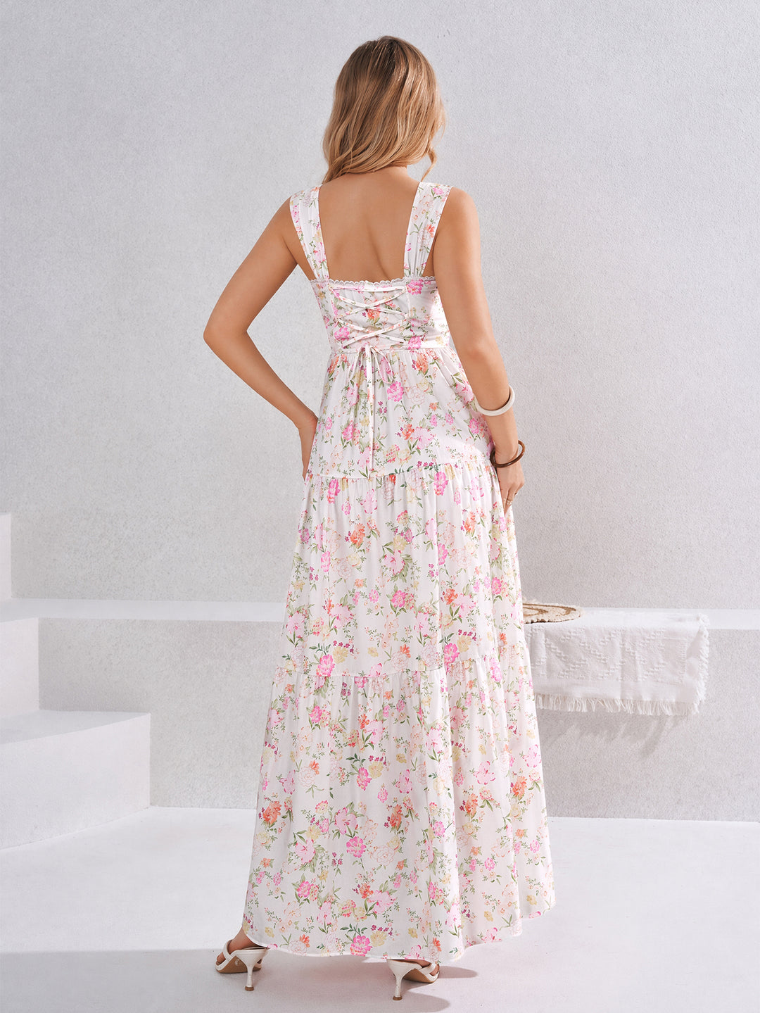 Square Neck Crisscross Back Lace Trim Floral Print Dress