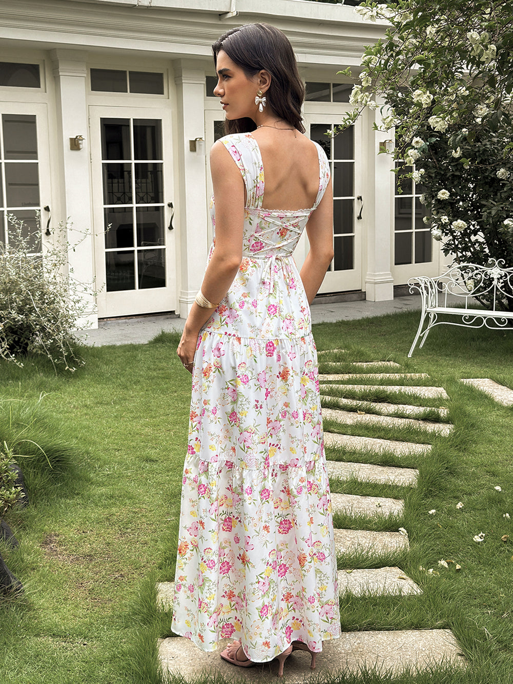 Square Neck Crisscross Back Lace Trim Floral Print Dress#color_pinkfloral