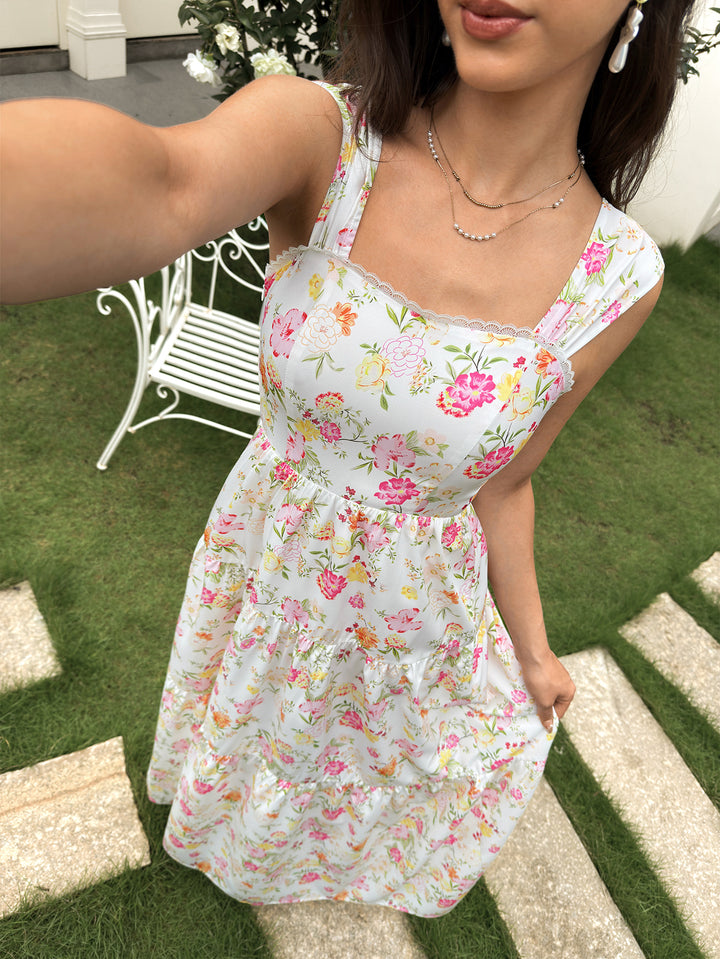 Crisscross Back Square Neck Lace Trim Floral Print Dress
