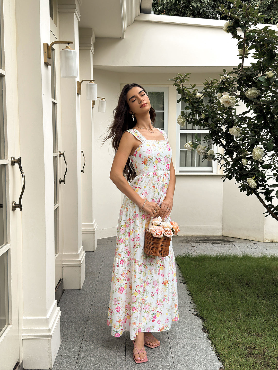 Crisscross Back Lace Trim Square Neck Floral Print Dress
