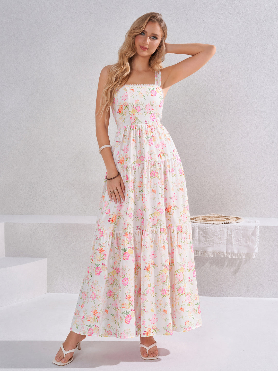 Square Neck Lace Trim Crisscross Back Floral Print Dress