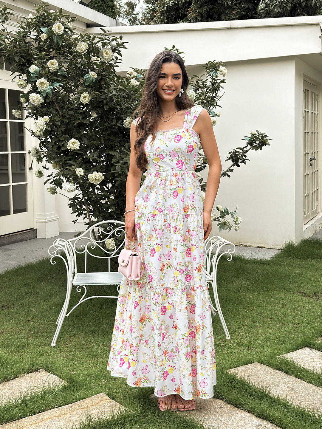 Square Neck Lace Trim Crisscross Back Floral Print Dress#color_pinkfloral