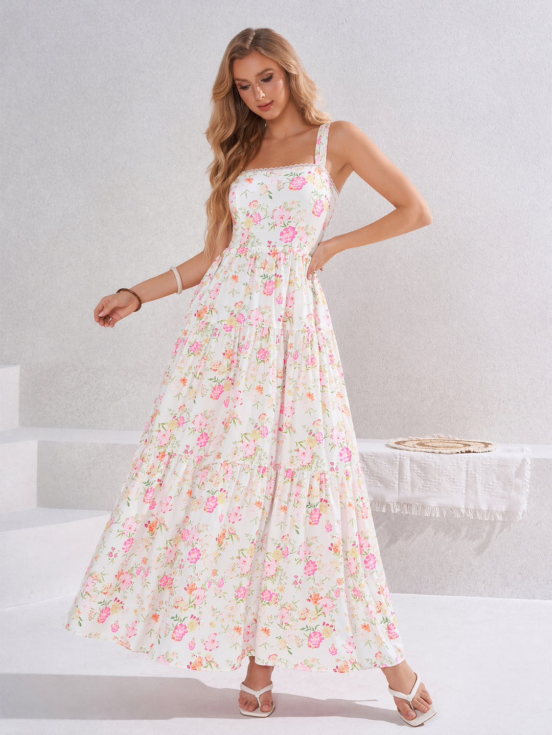 Lace Trim Crisscross Back Square Neck Floral Print Dress