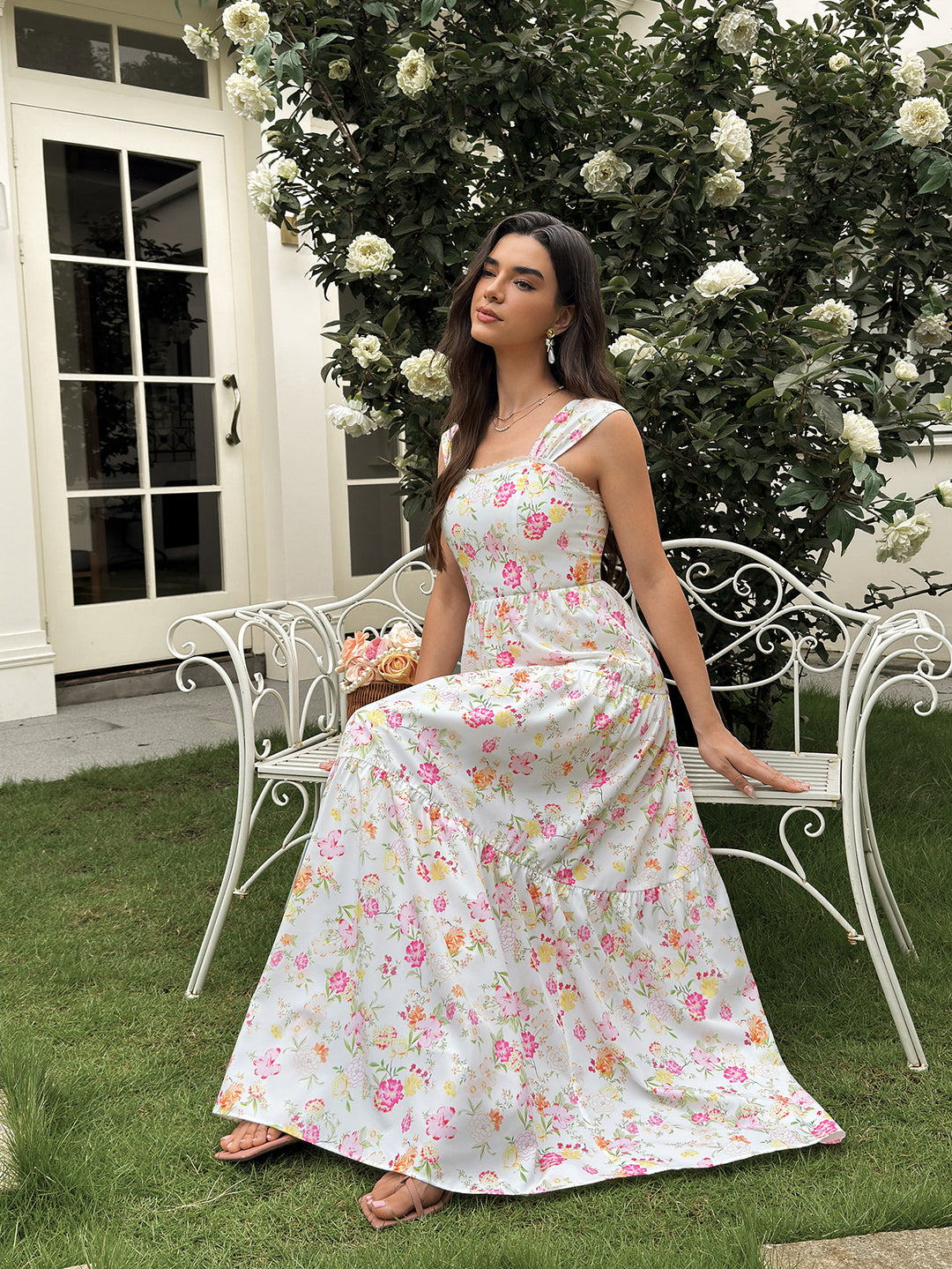 Lace Trim Crisscross Back Square Neck Floral Print Dress