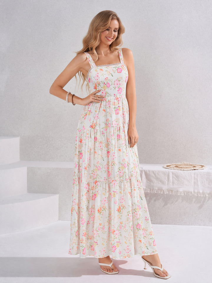 Lace Trim Square Neck Crisscross Back Floral Print Dress