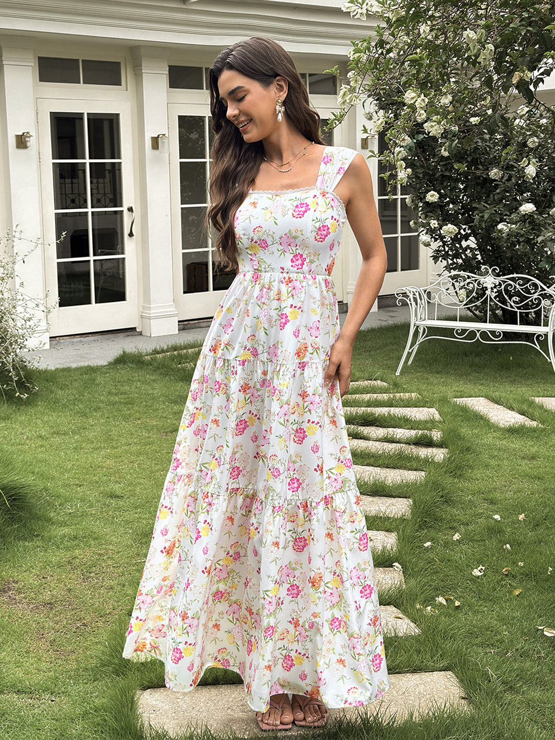 Lace Trim Square Neck Crisscross Back Floral Print Dress