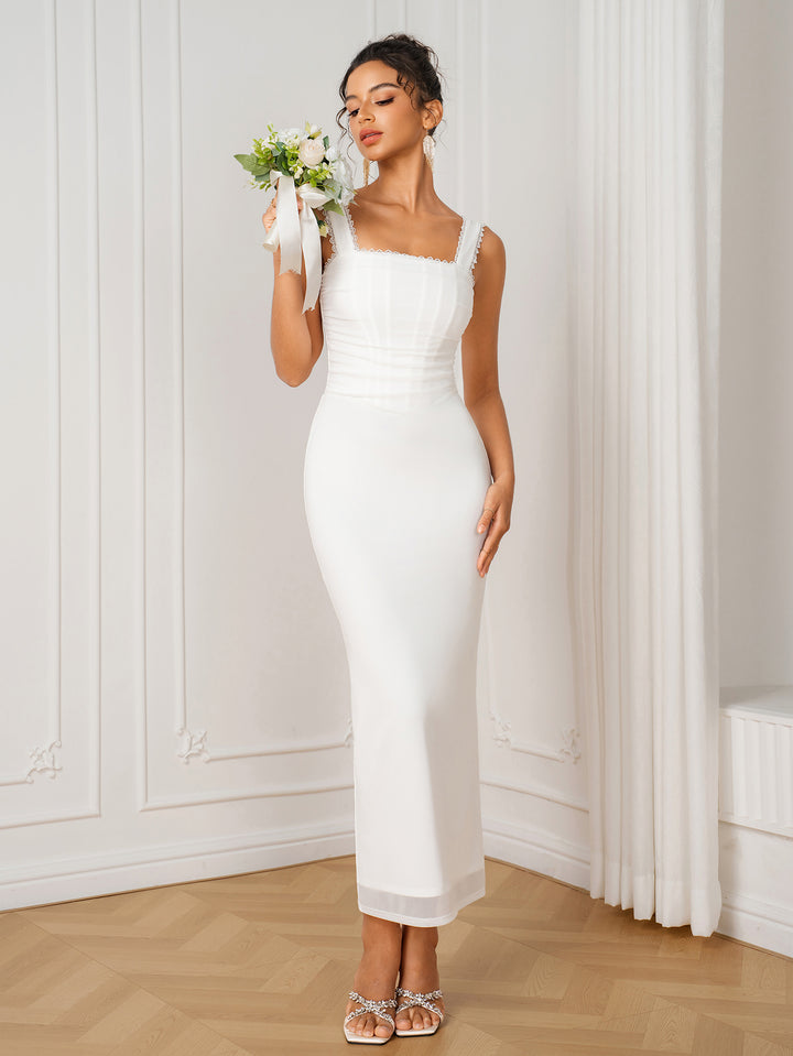 Lace Trim Square Neck Split Back Mesh Dress