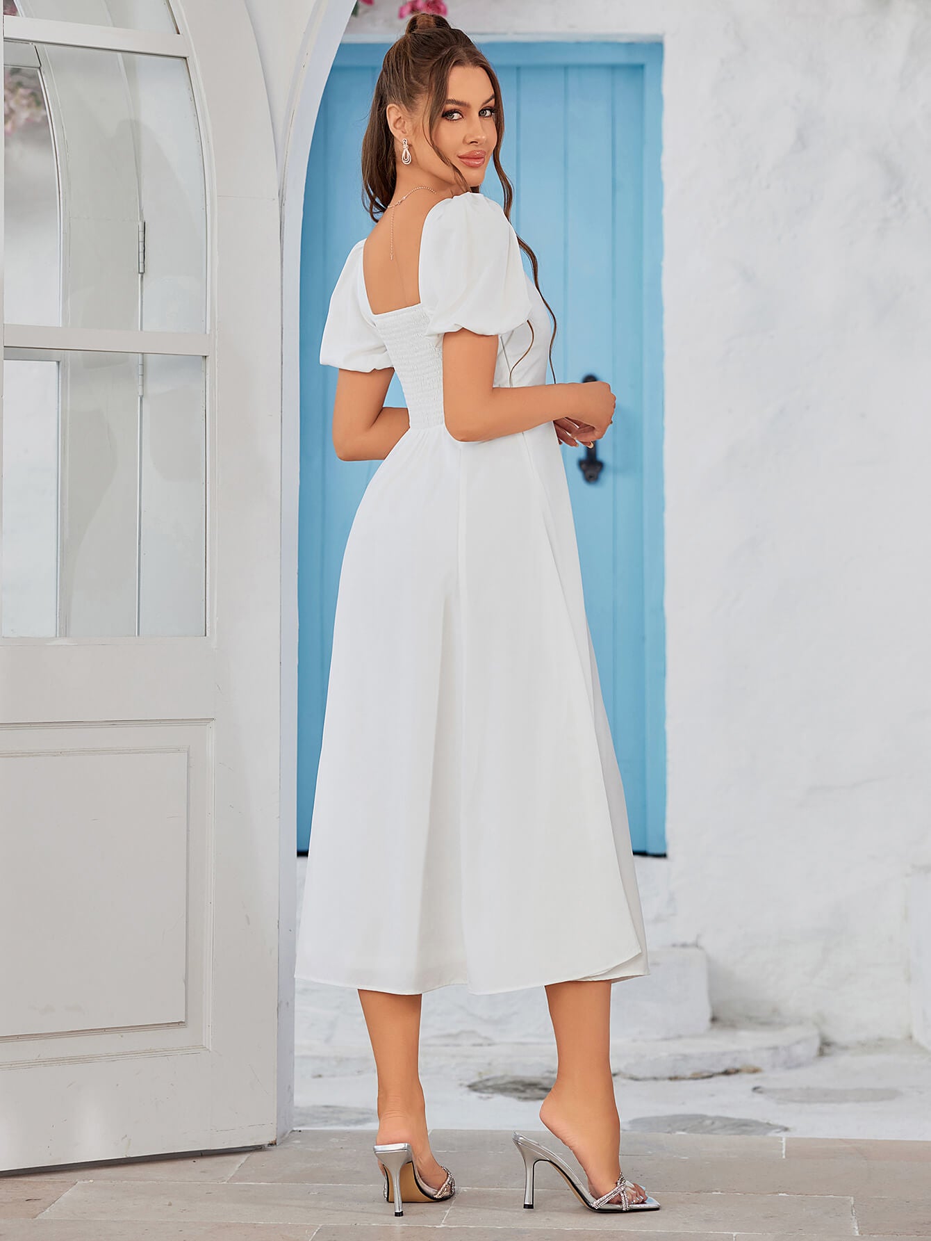puff sleeve square neck ruched bust midi dress#color_white
