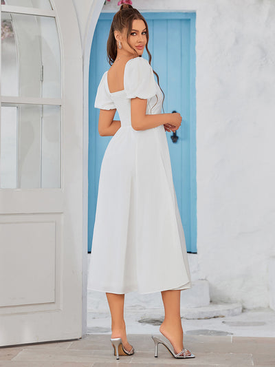 puff sleeve square neck ruched bust maxi dress#color_white