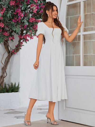 ruched bust puff sleeve square neck midi dress#color_white