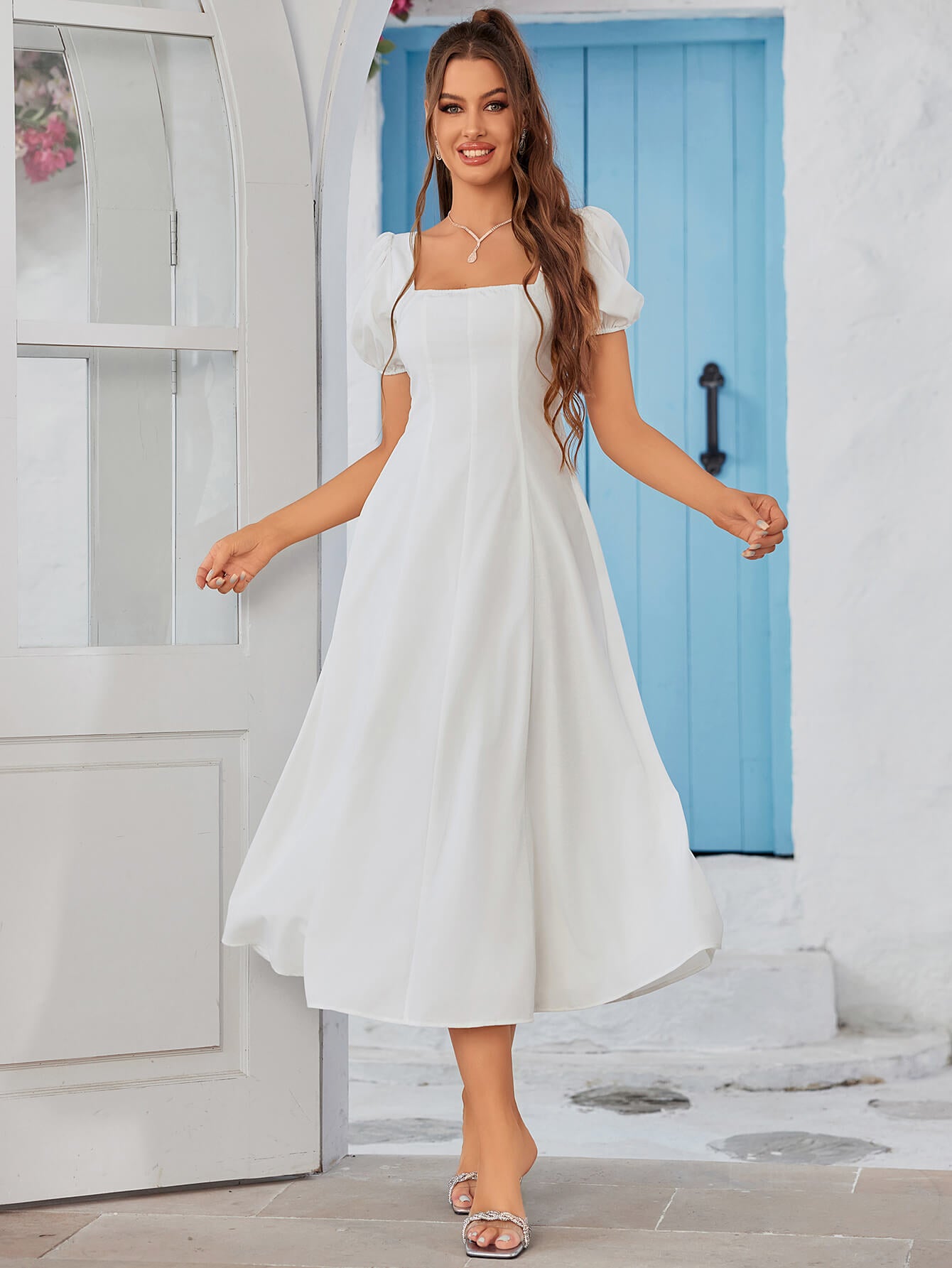 puff sleeve ruched bust square neck midi dress#color_white