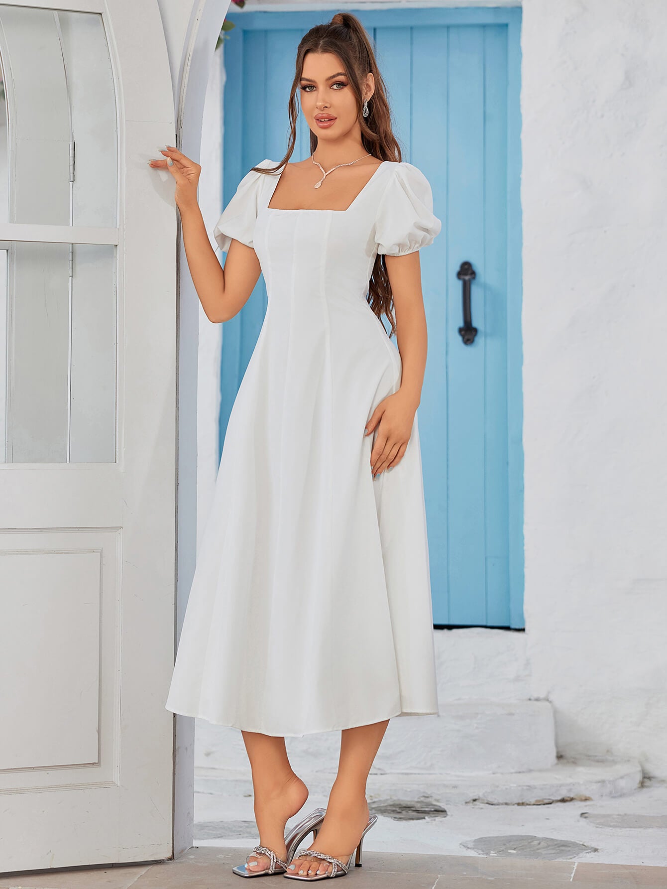 square neck puff sleeve ruched bust backless dress#color_white