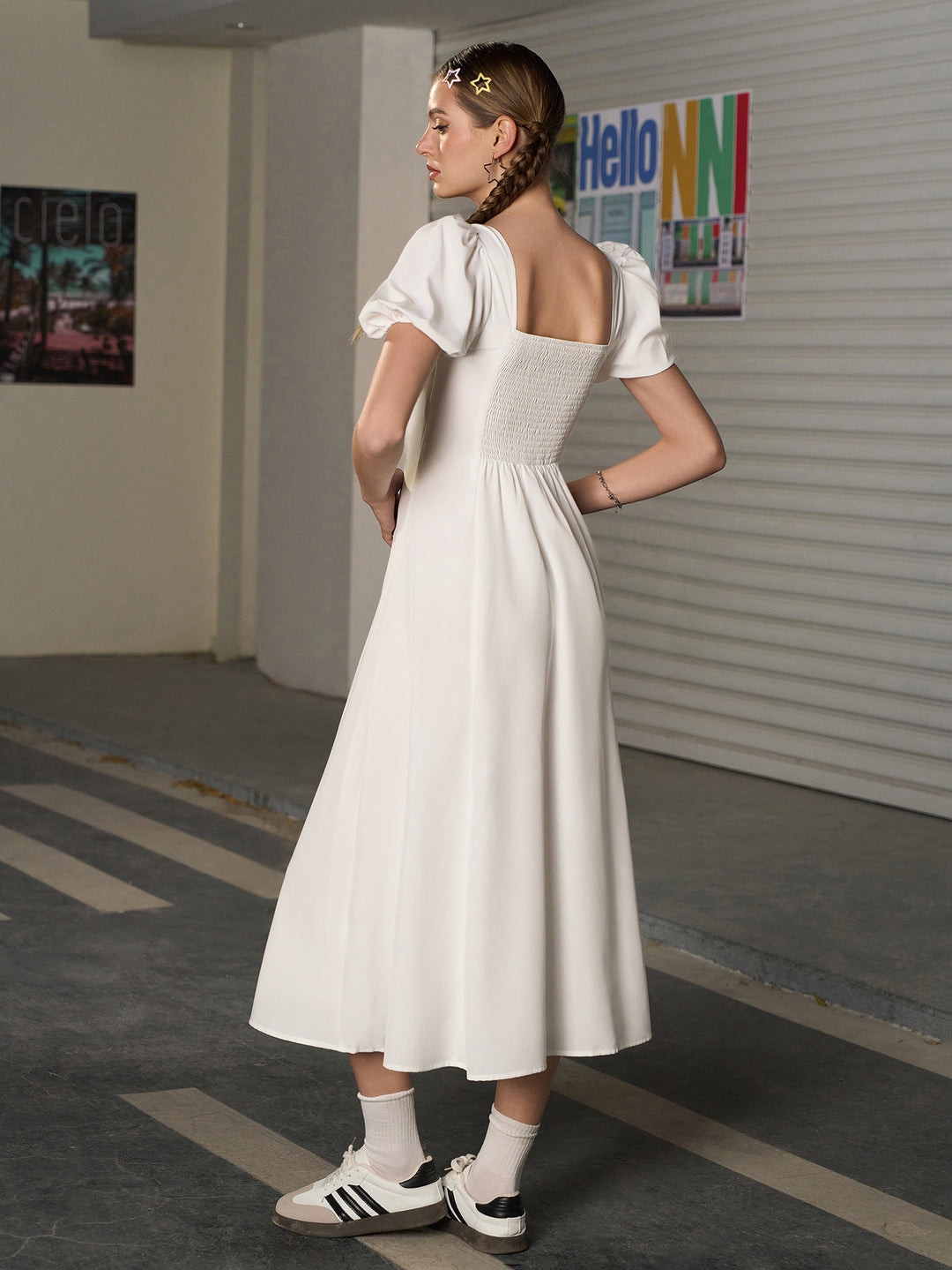 ruched puff sleeve poplin midi dress Puff-Sleeve Smocked Poplin Midi Dress