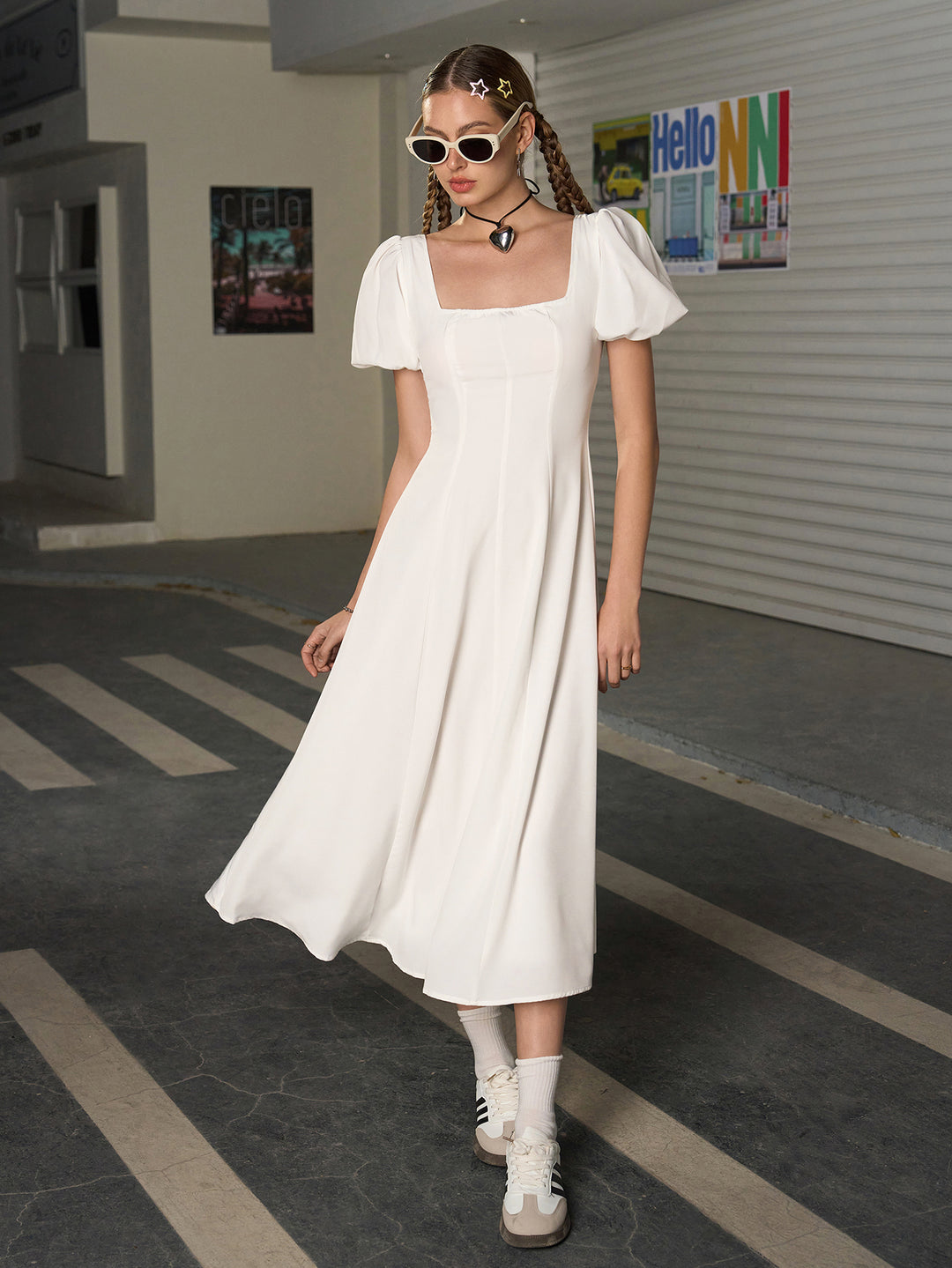 Square Neck Puff Sleeve Ruched Bust Midi Dress, White / XS Square Neck Puff Sleeve Ruched Bust Midi Dress, White / XS