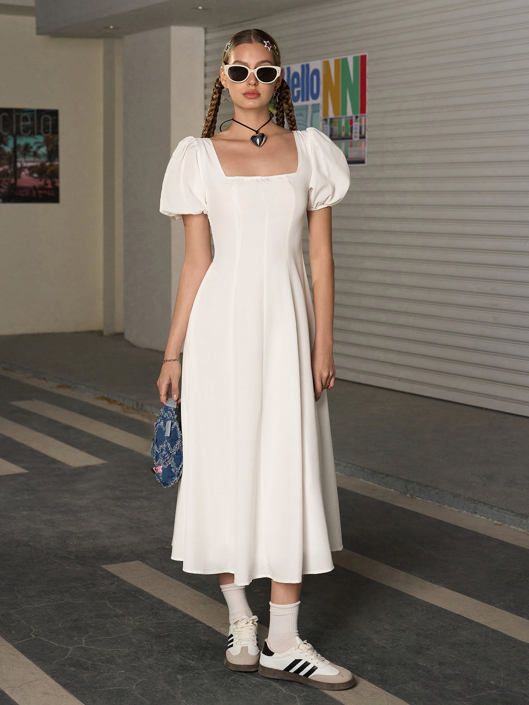 Square Neck Puff Sleeve Ruched Bust Midi Dress, White / Xs Square Neck Puff Sleeve Ruched Bust Midi Dress, White / Xs