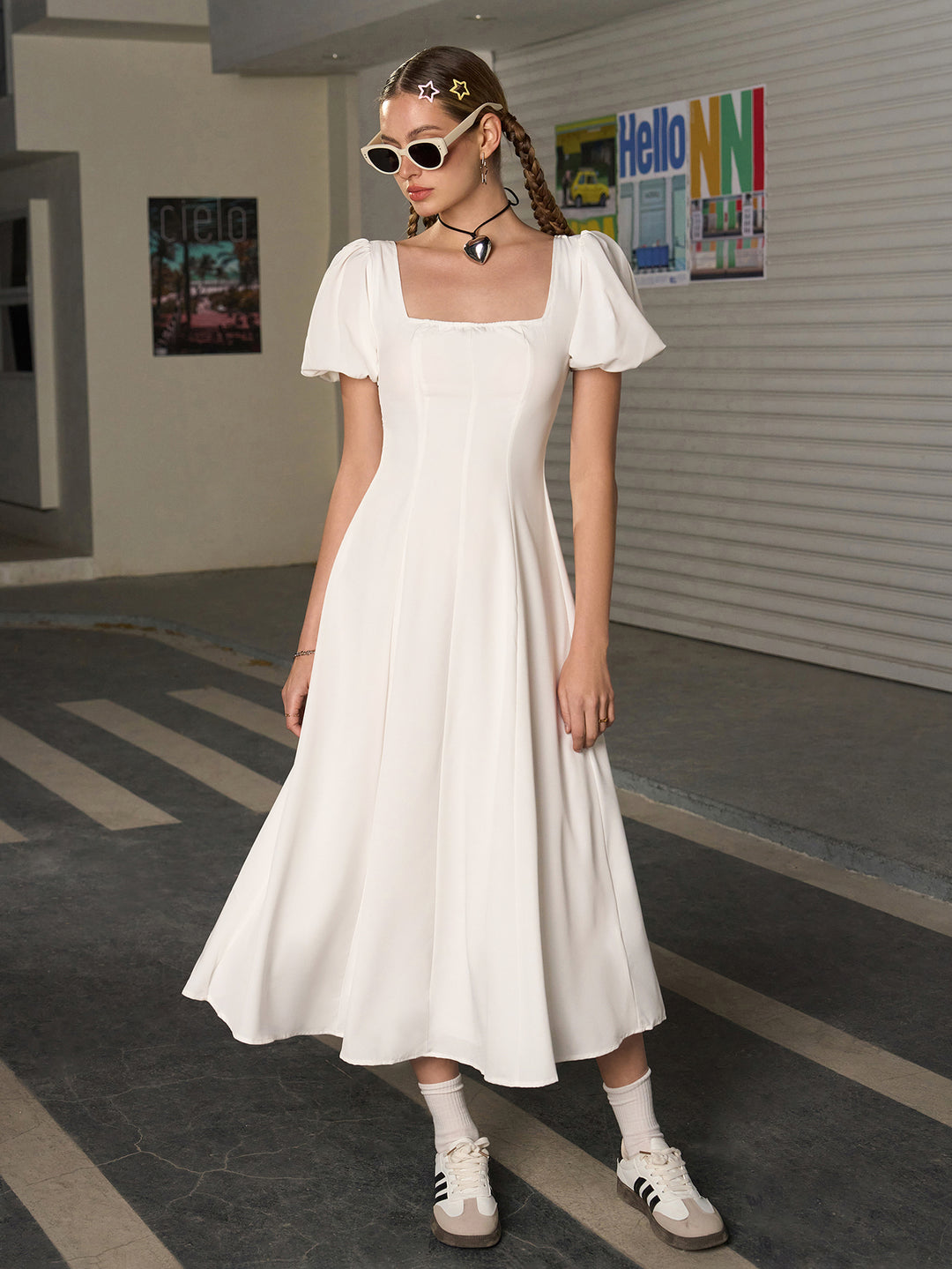 midi dress ruched bust Square Neck Puff Sleeve Ruched Bust Midi Dress, White / XS