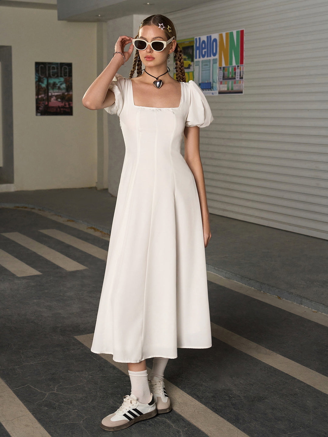 square neck puff sleeve dress Square Neck Puff Sleeve Ruched Bust Midi Dress, White / XS