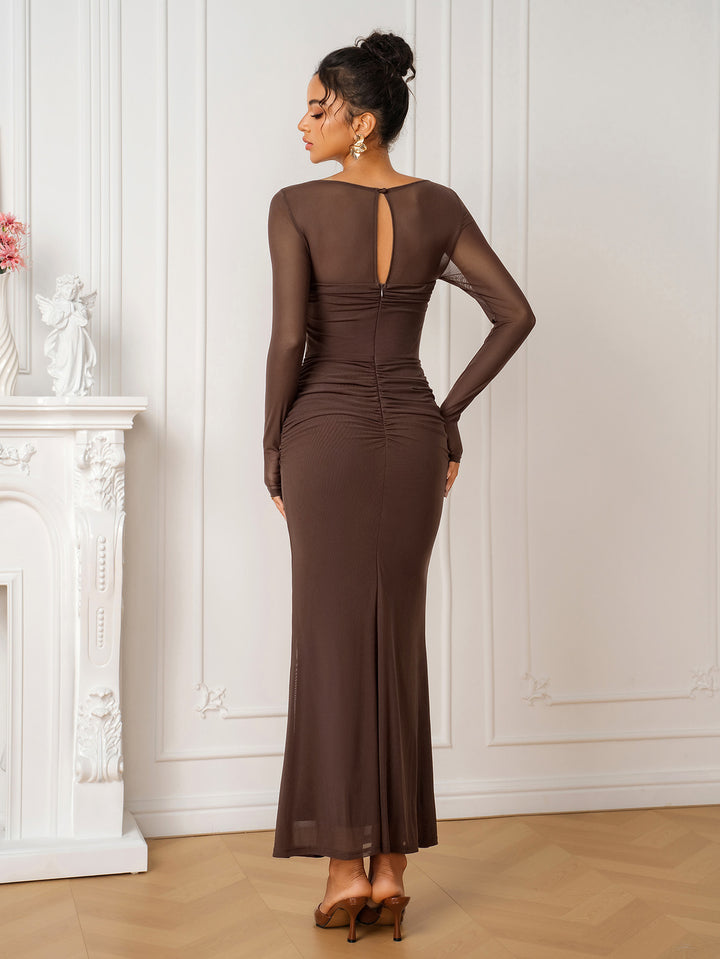 Square Neck Cut Out Ruched Mesh Bodycon Dress