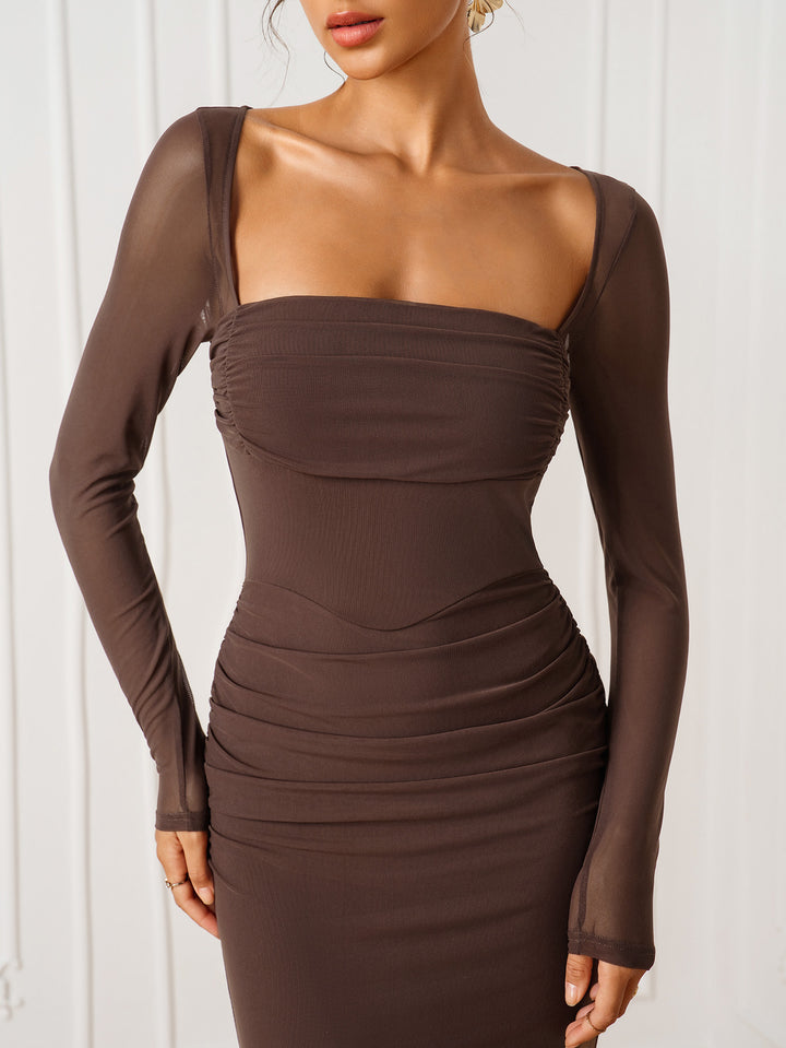 Cut Out Ruched Square Neck Mesh Bodycon Dress