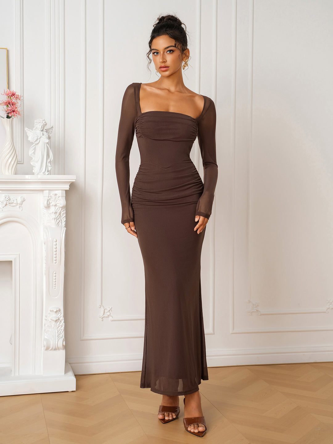 Ruched Cut Out Mesh Square Neck Bodycon Dress