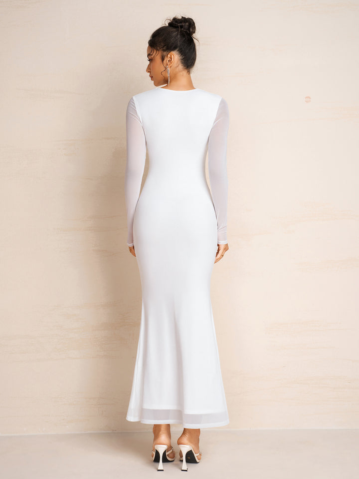 Square Neck Ruched Mermaid Hem Bodycon Mesh Dress