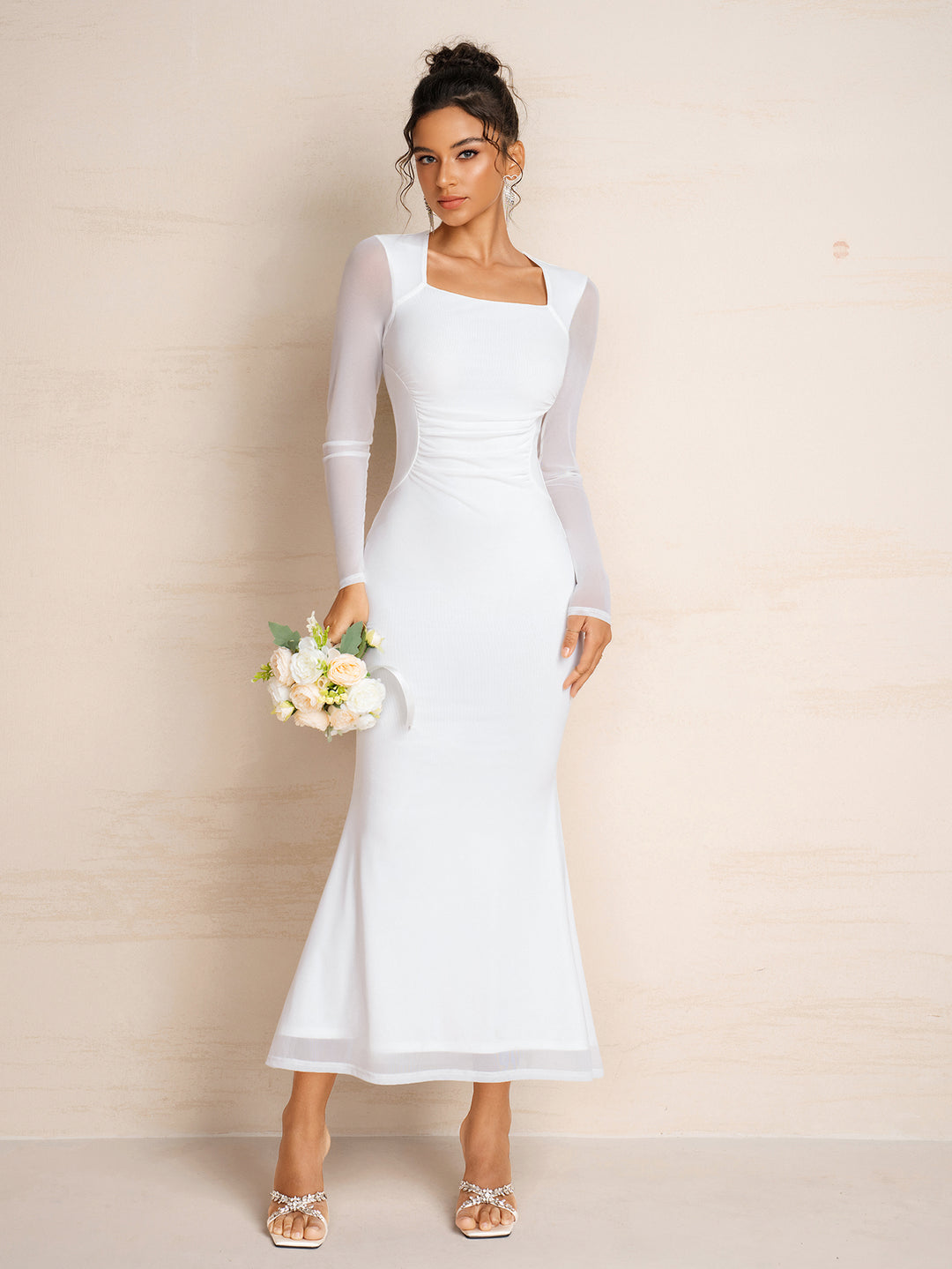 Mermaid Hem Square Neck Ruched Bodycon Mesh Dress