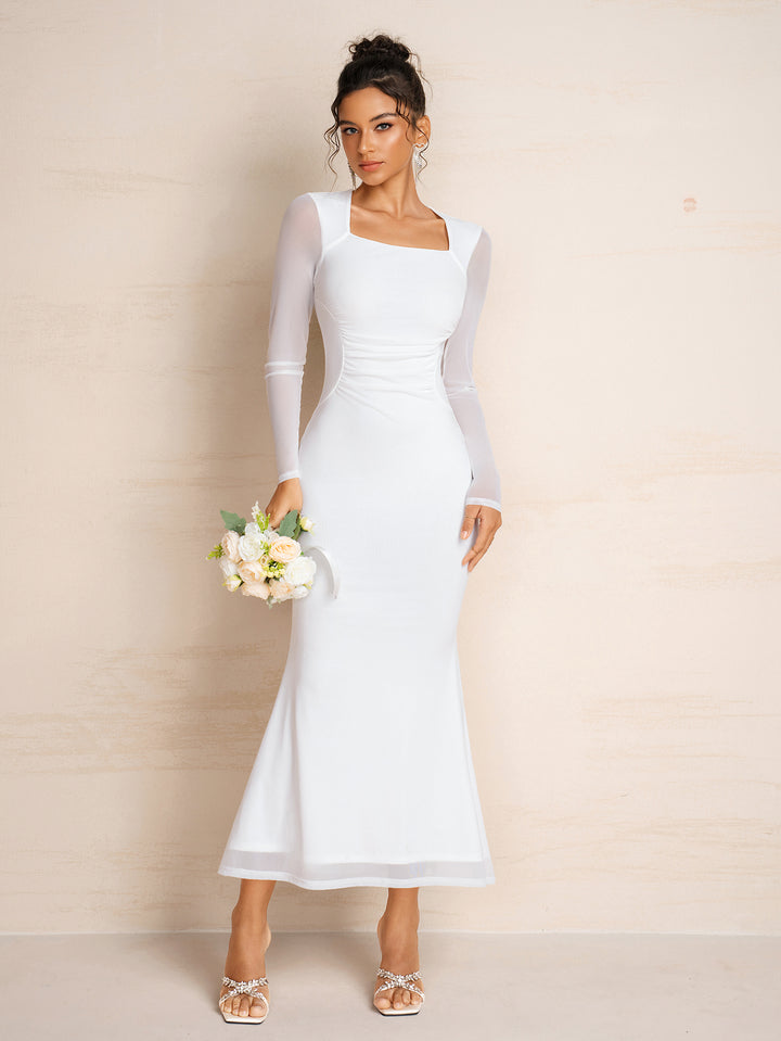 Mermaid Hem Square Neck Ruched Bodycon Mesh Dress
