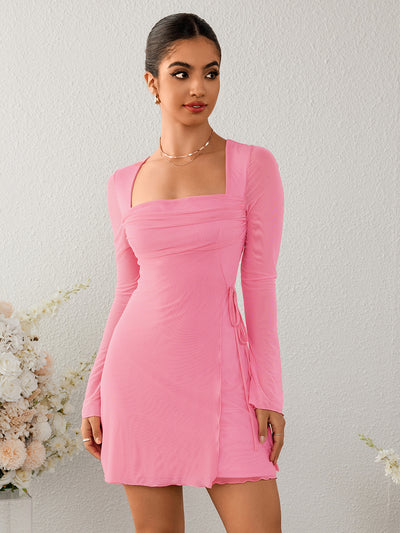 square neck ruched mesh mini dress#color_pink