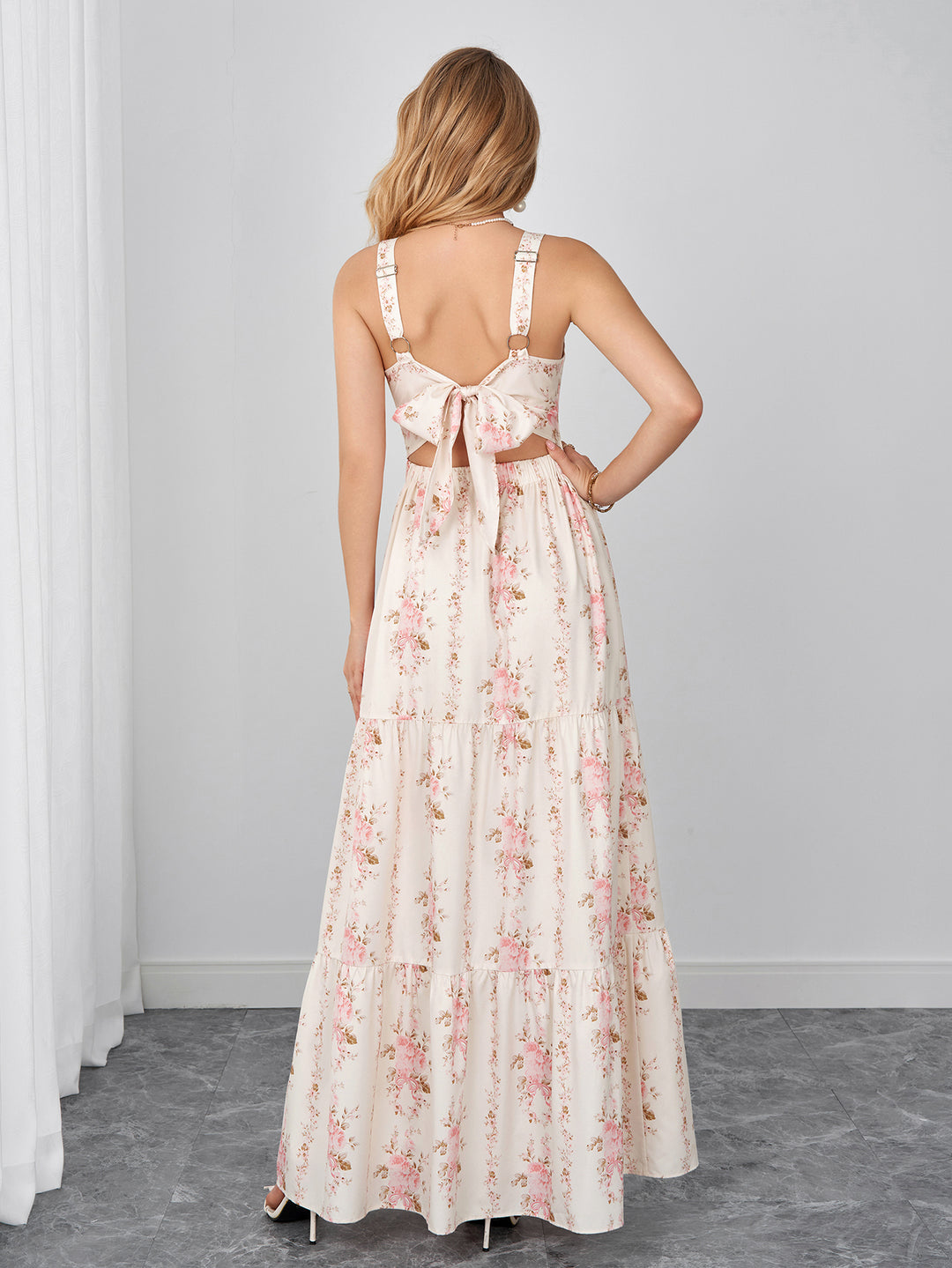 Square Neck Tie Back Ruched Floral Print Maxi Dress