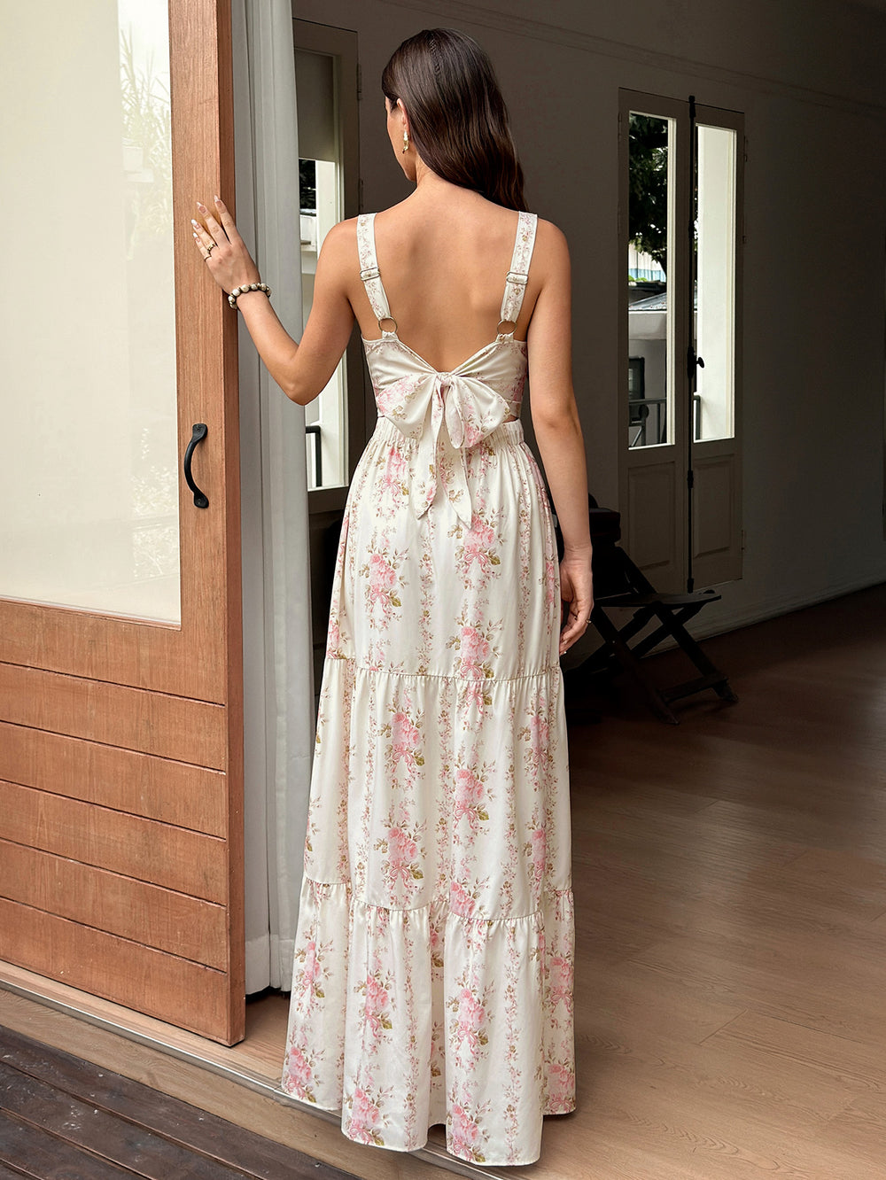 Square Neck Tie Back Ruched Floral Print Maxi Dress#color_pinkfloral
