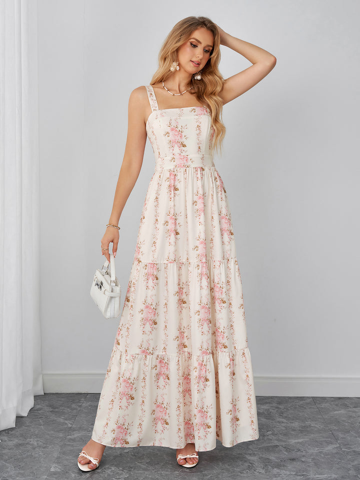 Tie Back Ruched Square Neck Floral Print Maxi Dress