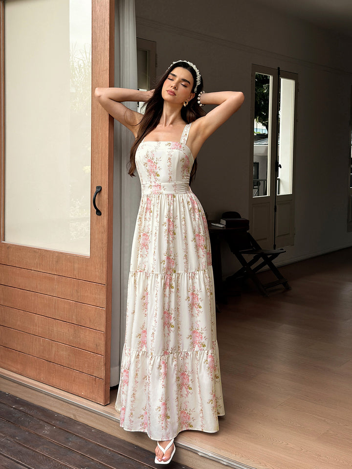 Tie Back Ruched Square Neck Floral Print Maxi Dress