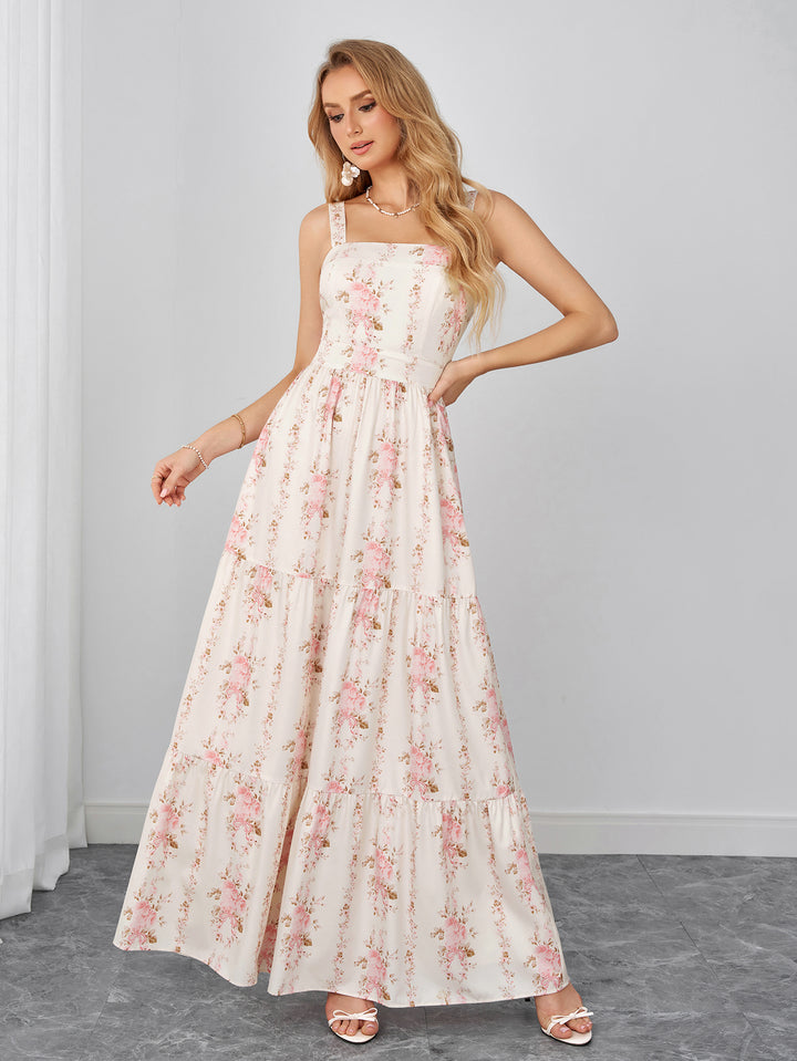 Tie Back Square Neck Ruched Floral Print Maxi Dress