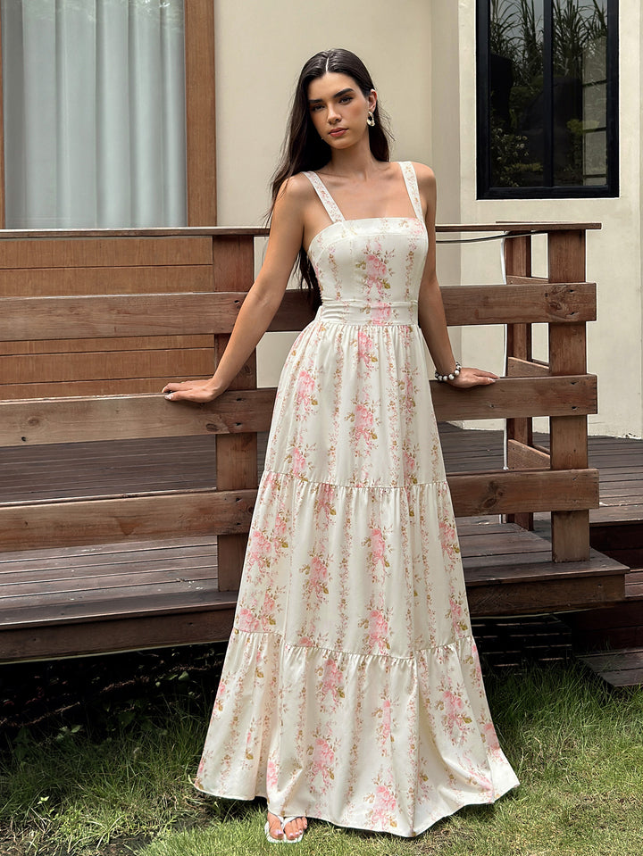 Tie Back Square Neck Ruched Floral Print Maxi Dress
