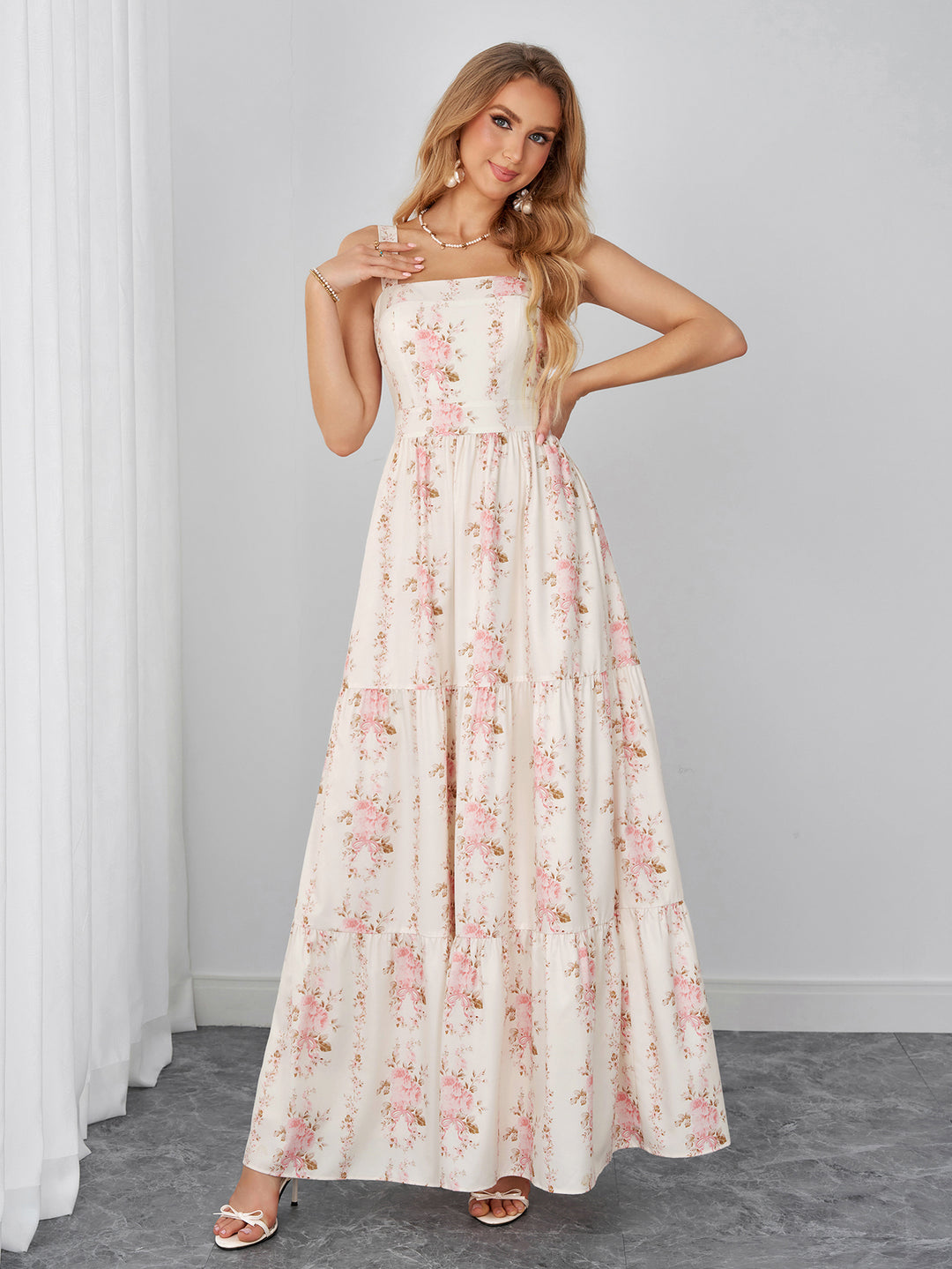 Square Neck Ruched Tie Back Floral Print Maxi Dress#color_pinkfloral