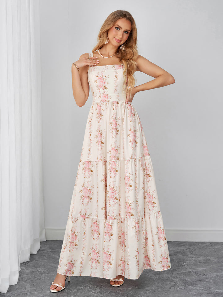 Square Neck Ruched Tie Back Floral Print Maxi Dress