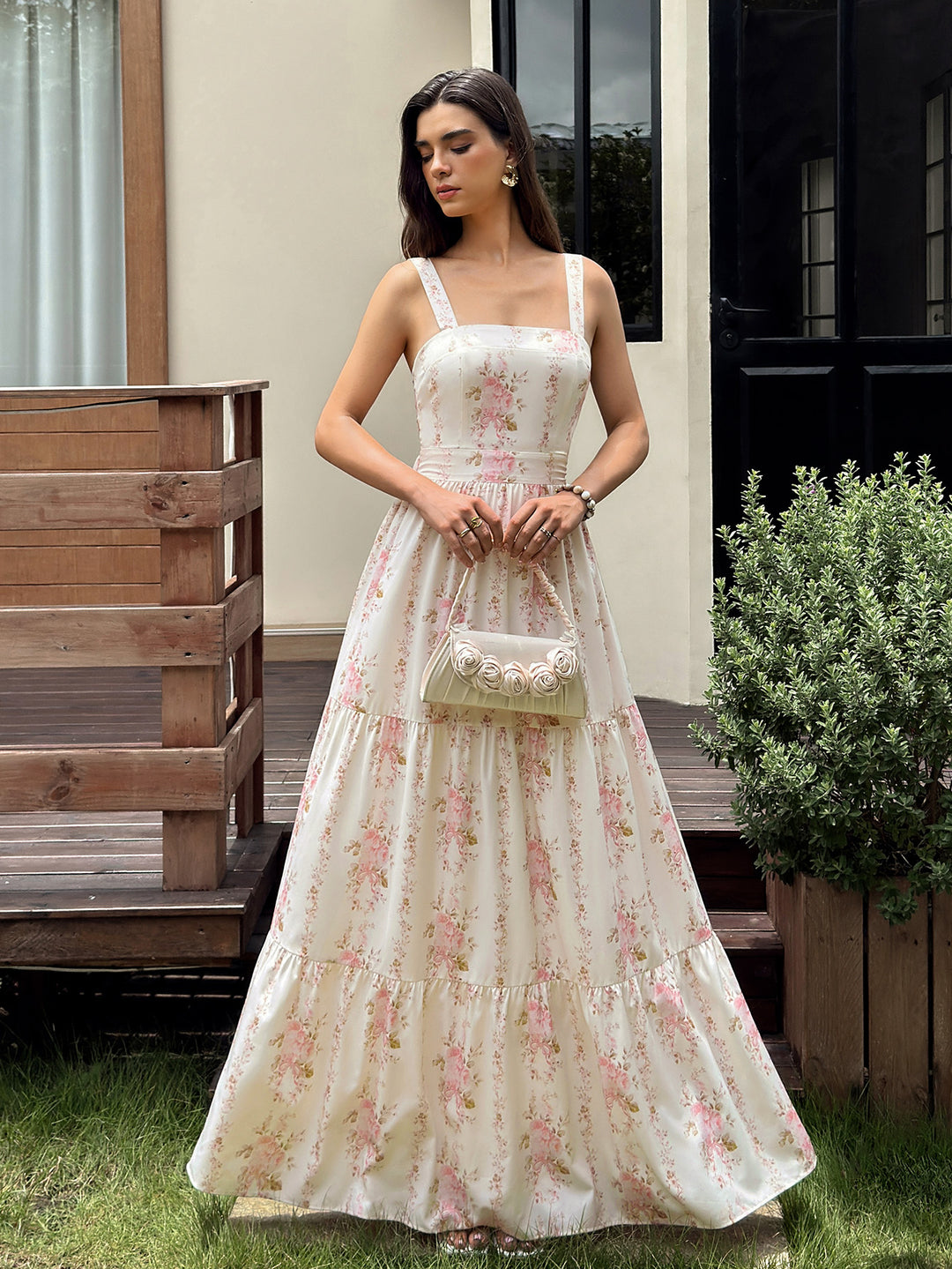 Square Neck Ruched Tie Back Floral Print Maxi Dress#color_pinkfloral