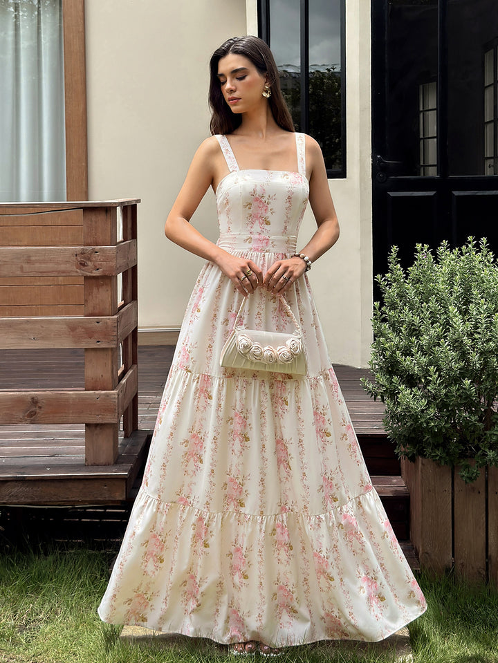Square Neck Ruched Tie Back Floral Print Maxi Dress