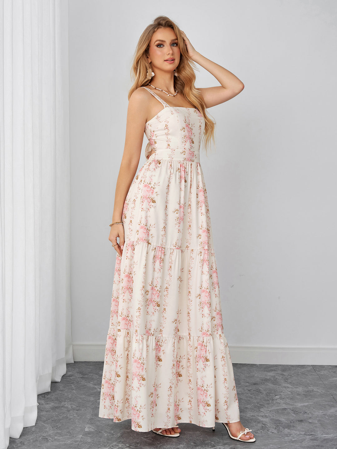 Ruched Square Neck Tie Back Floral Print Maxi Dress