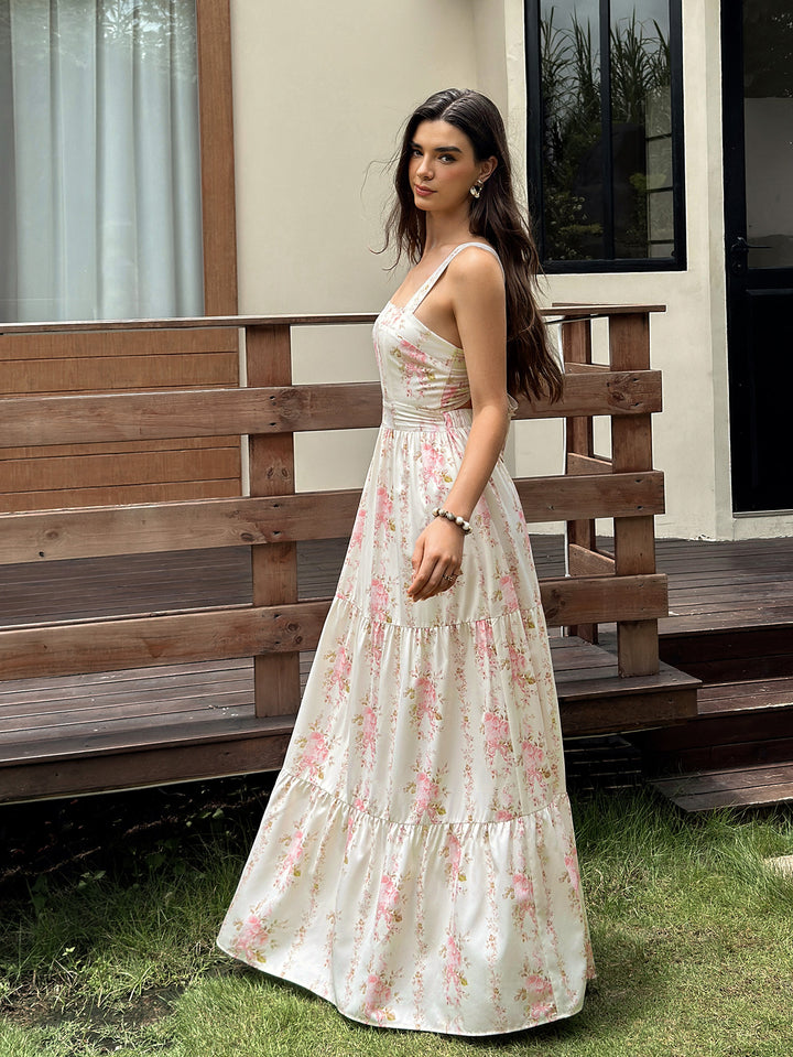 Ruched Square Neck Tie Back Floral Print Maxi Dress