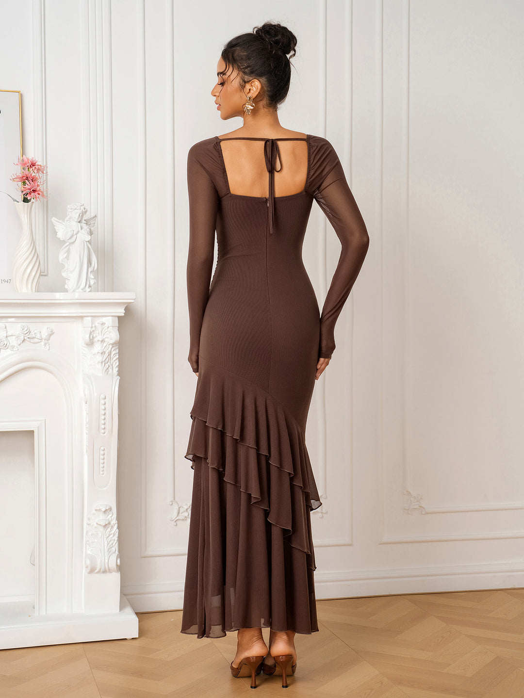 Square Neck Ruffle Hem Tie Back Mesh Dress
