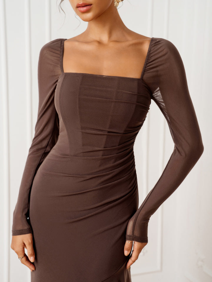 Ruffle Hem Tie Back Square Neck Mesh Dress