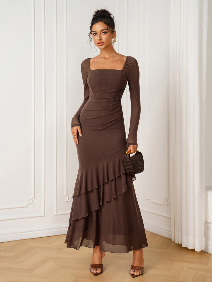 Ruffle Hem Square Neck Tie Back Mesh Dress
