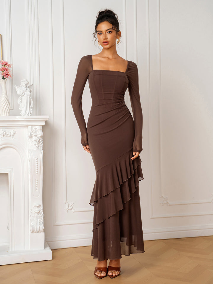 Square Neck Tie Back Ruffle Hem Mesh Dress