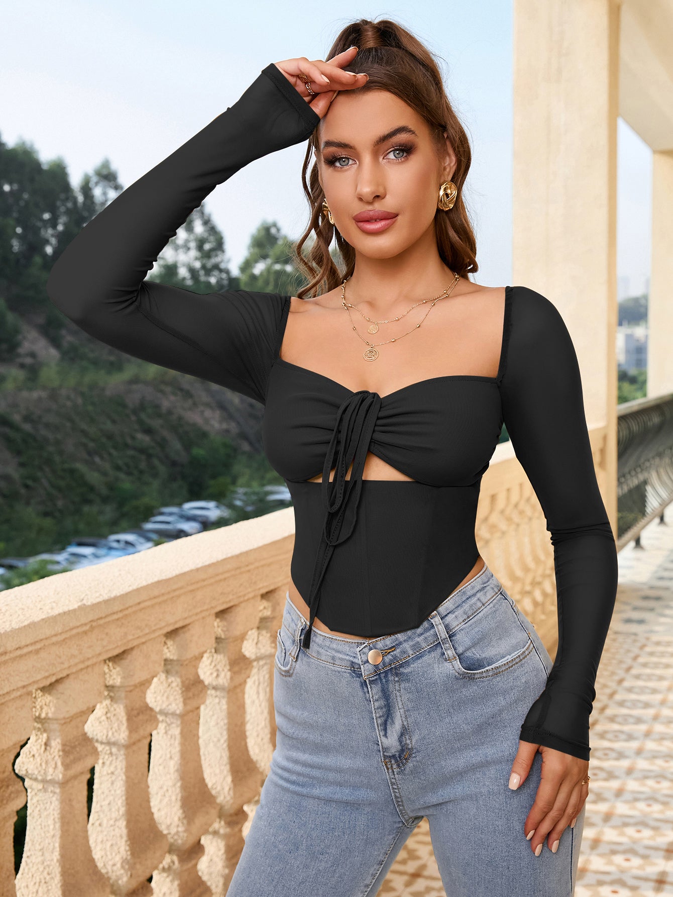 Square Neck Tie Front Cut Out Crop Top – Parthea Fashion