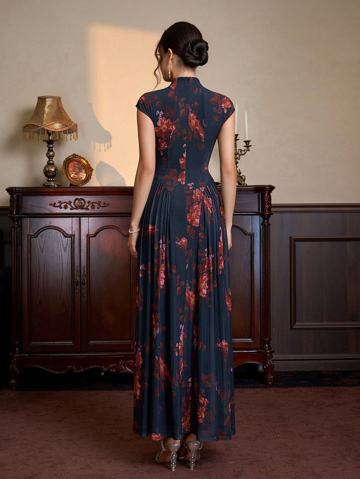 Stand Collar Neck Floral Print Flared Hem Mesh Dress