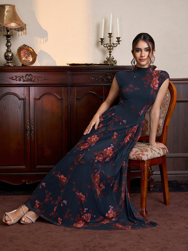 Stand Collar Neck Flared Hem Mesh Floral Print Dress